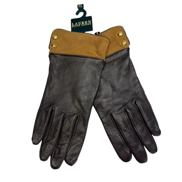 Lauren Ralph Lauren Leather Gloves Suede Cuff XL Brown Gold‎ Button NWT - Picture 6 of 6